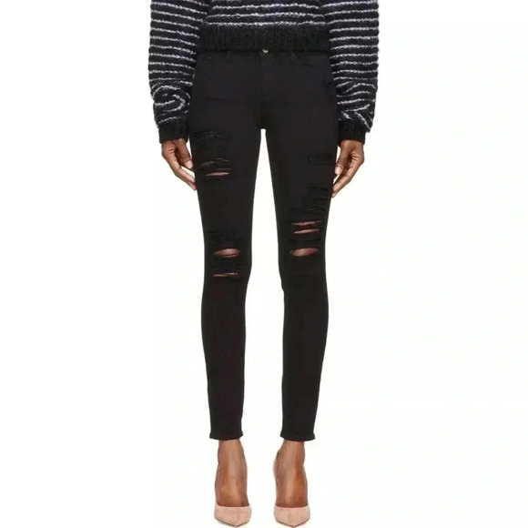Frame Denim Jeans Women's Le Skinny de Jeanne Distress Made In USA Black - Picture 1 of 8